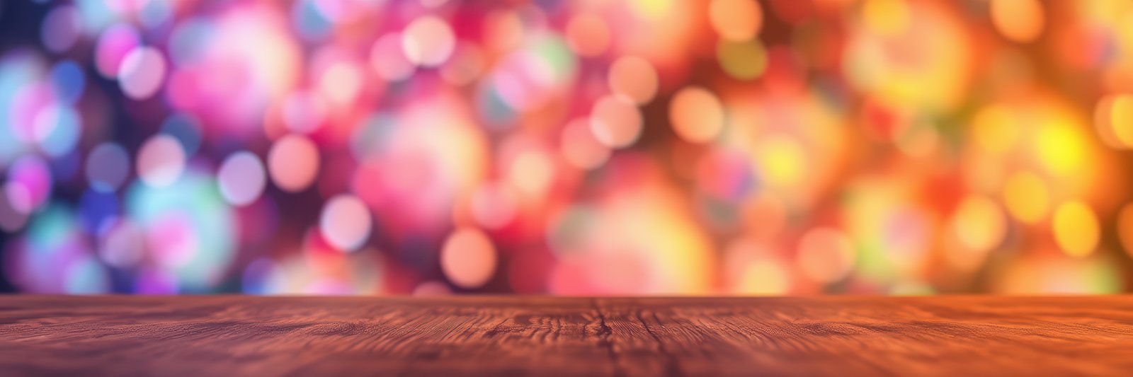 Colorful bokeh lights create a vibrant atmosphere with a wooden table in the foreground perfect for festive gatherings